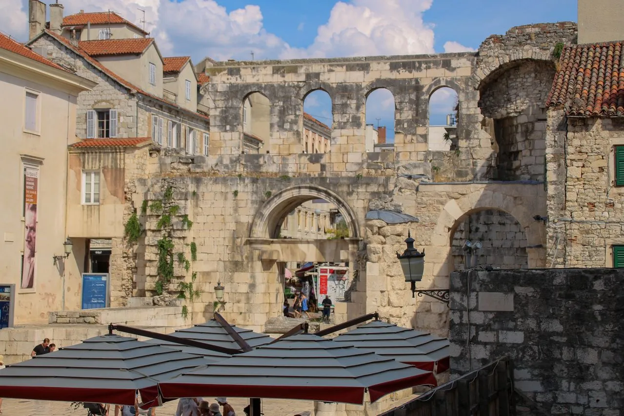 The stone arch of the Silver Gate on the eastern wall of Diocletian's Palace in Split, Croatia